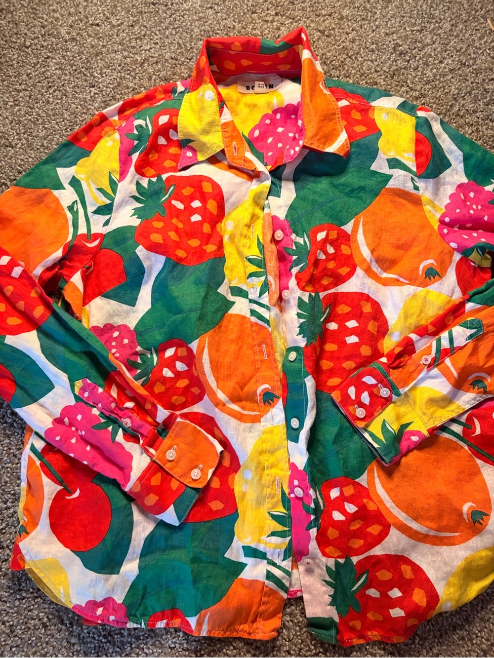 Boden Sienna Linen Strawberry-Print Button-Down Shirt - Pink, Green, Yellow - Picture 7 of 8